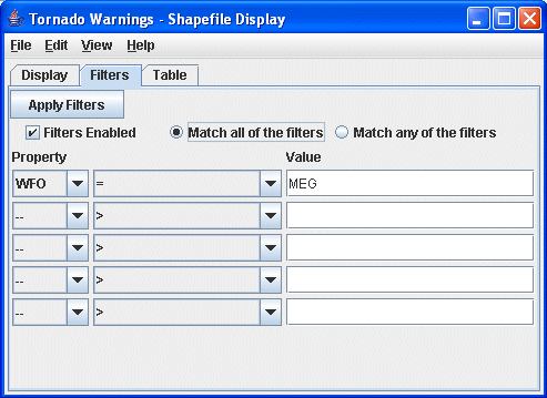 Image 2: Filters Tab of the Shapefile Display Properties Dialog