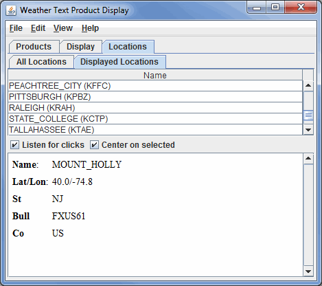 Image 4: Displayed Locations Tab in the Locations Tab of the Weather Text Product Display Window