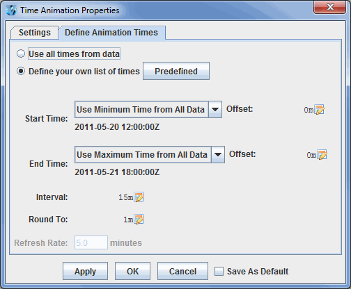 Image 3: Define Animation Times Tab of the Time Animation Properties Dialog