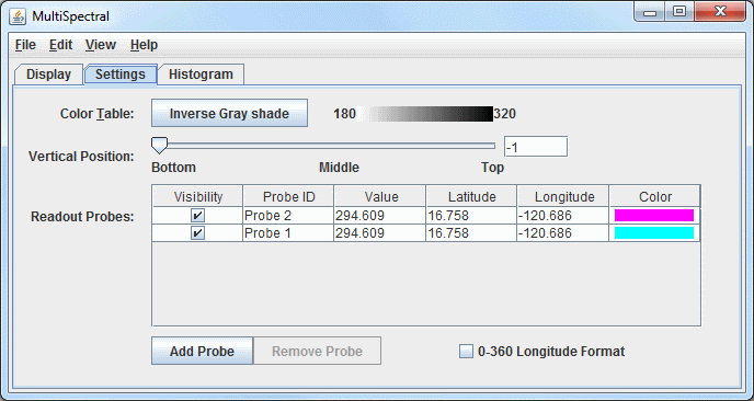 Image 3: Settings Tab of the MultiSpectral Display Controls Window