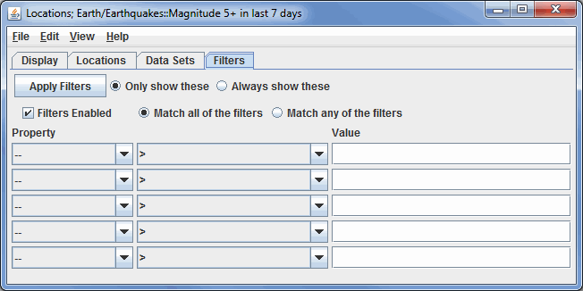 Image 4: Filters Tab of the  Location Controls Dialog