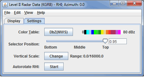 Image 2: Settings tab of the Radar RHI Display Controls