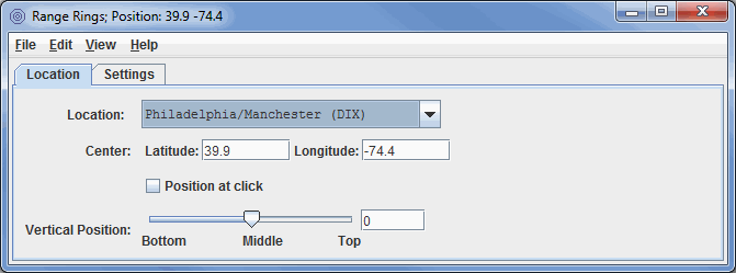 Image 1: Location Tab of the Range Rings Properties Dialog