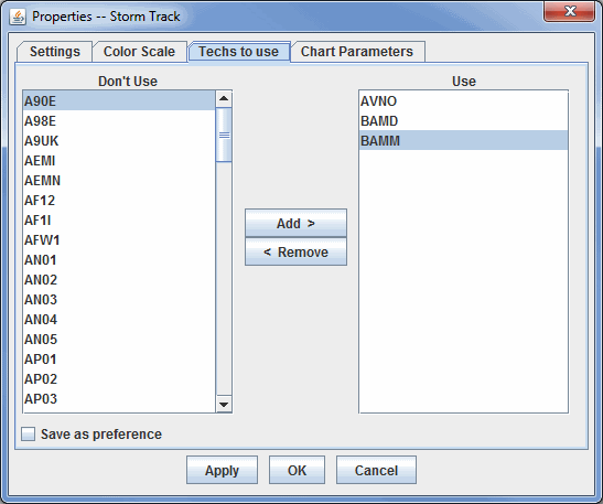 Image 2: Techs to Use Tab of the Storm Track Properties Window